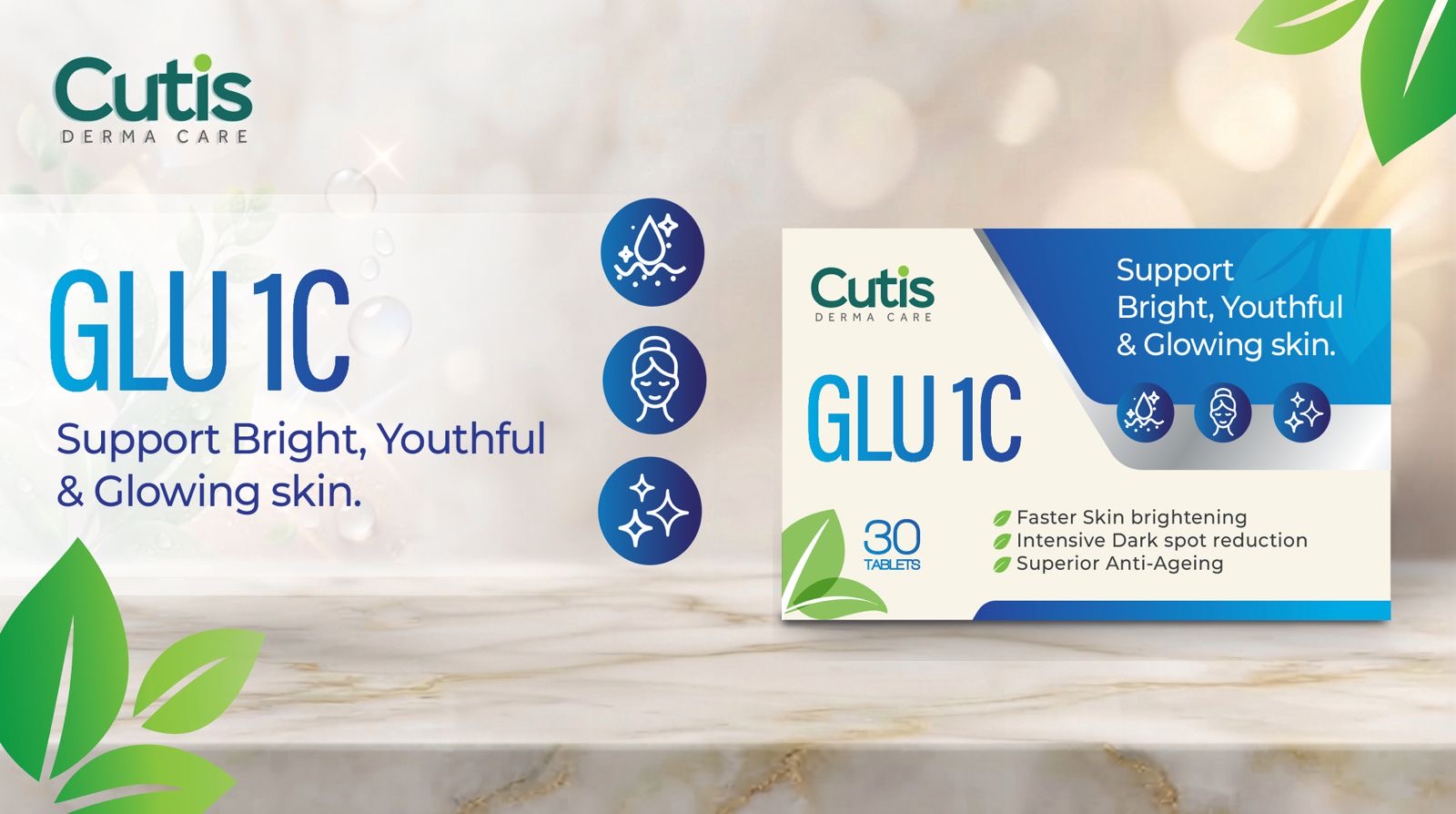 GLU1C Tablets original CUTIS product packaging and promotional artwork