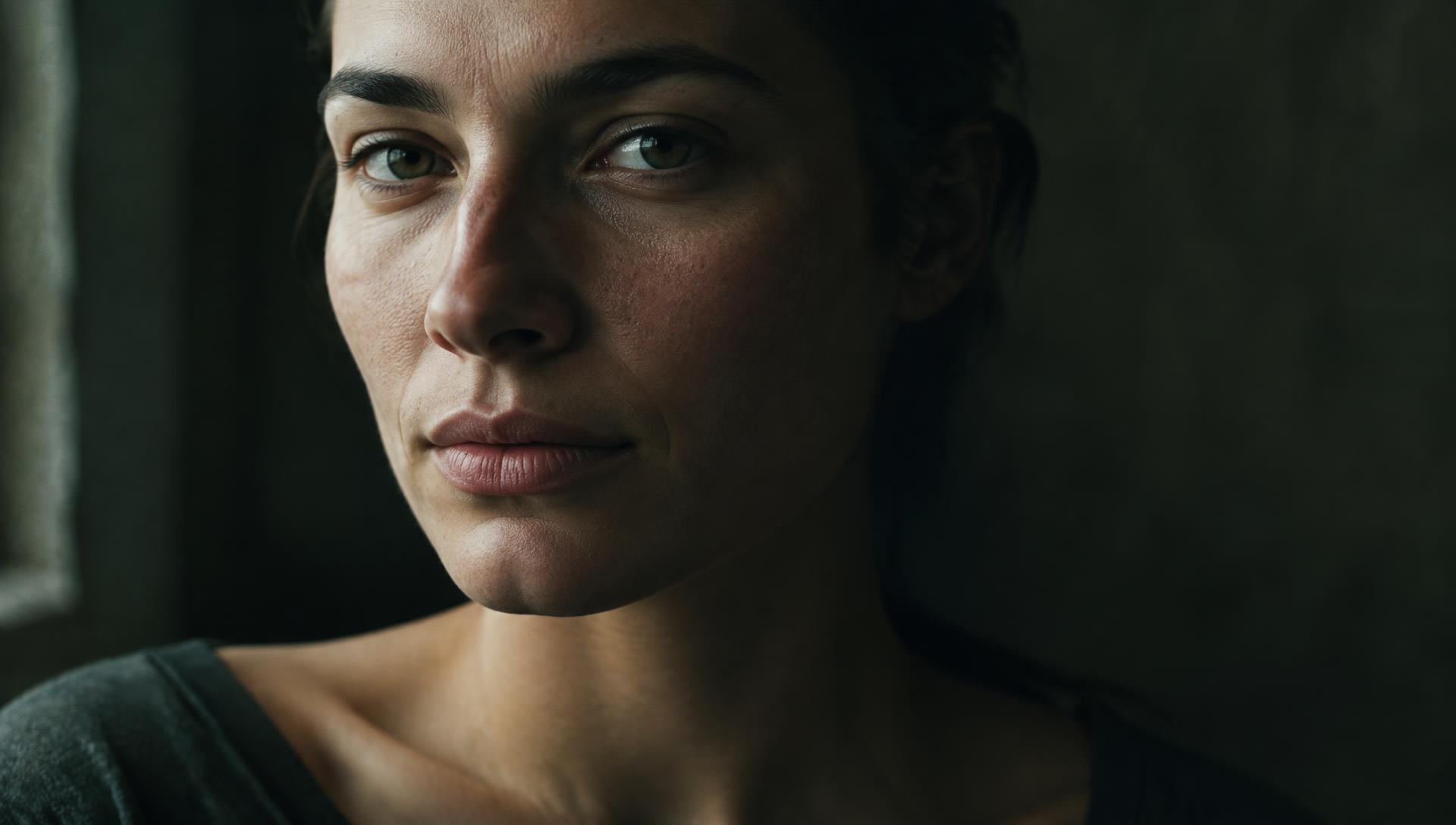 Close-up portrait highlighting natural skin texture in soft window light